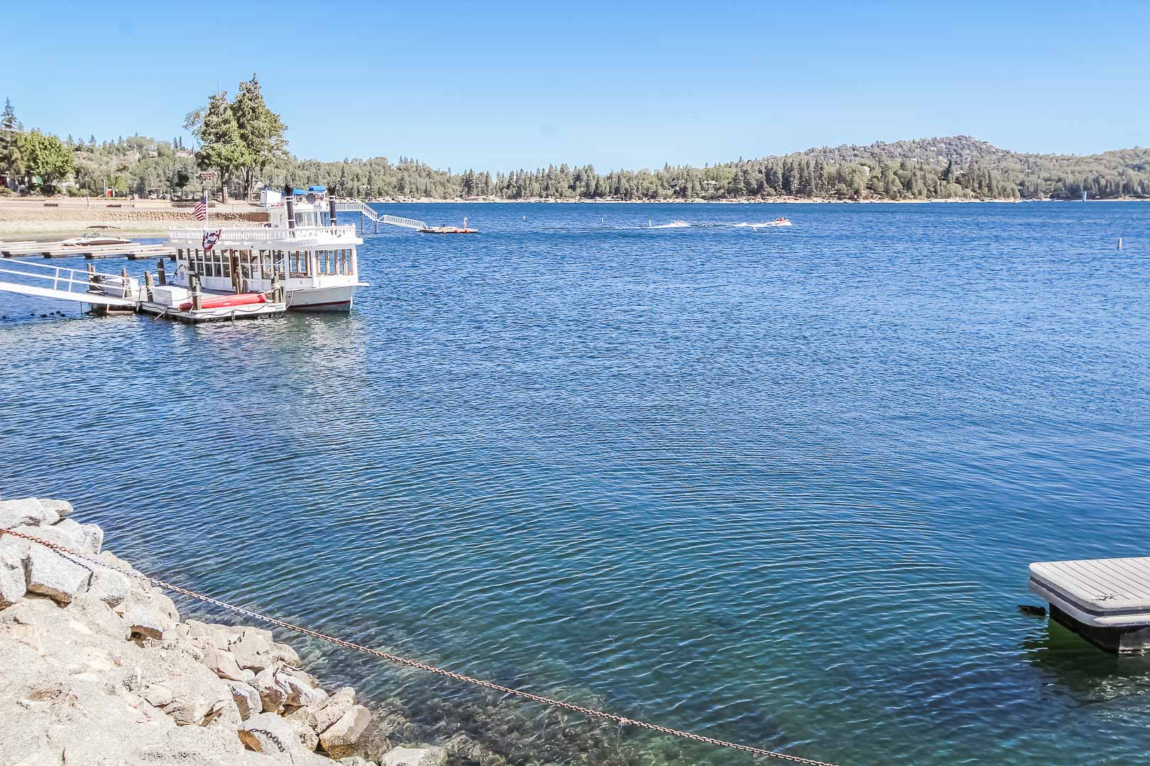 A breathtaking view of the lake at VRI's Lake Arrowhead Chalets in California.